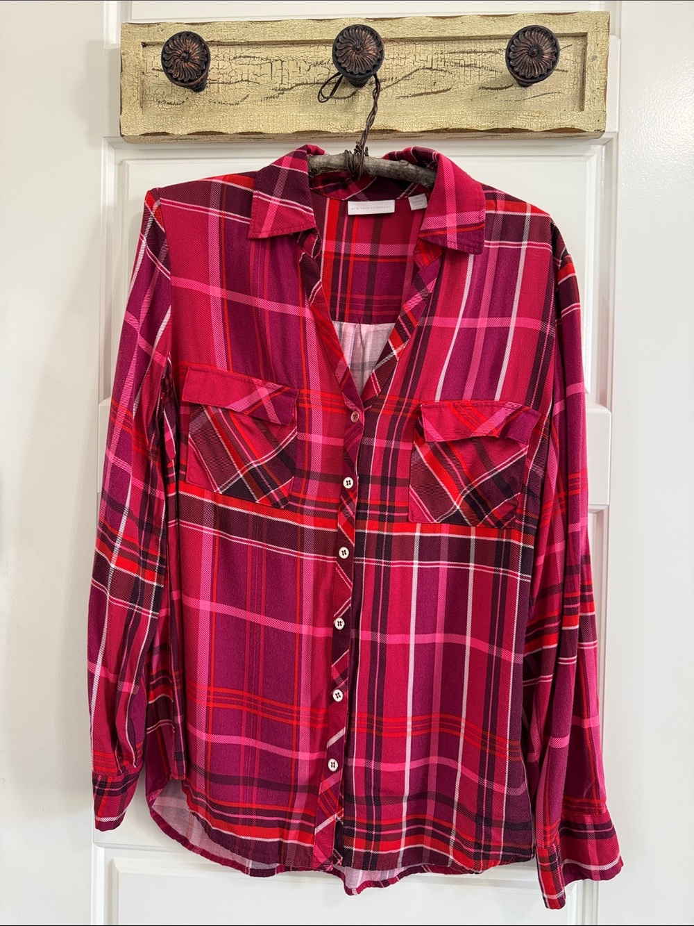 New York & Company Plaid Button-Down Shirt - Pink & Red